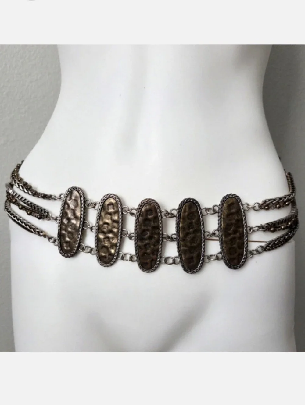 Chico's Wide Multi Chain Belt With Hammered Bronze Front Panels